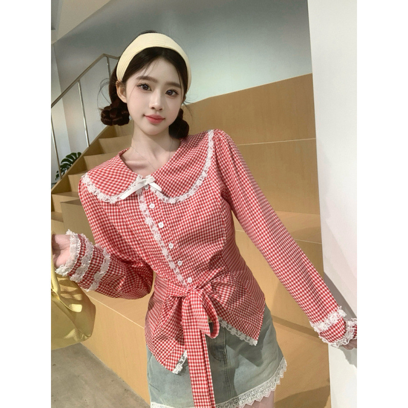 Fat Qiqi Fat mm2025 Spring New Arrival plus size Women's Retro Plaid Lace Lace Shirt Women's Doll Shirt