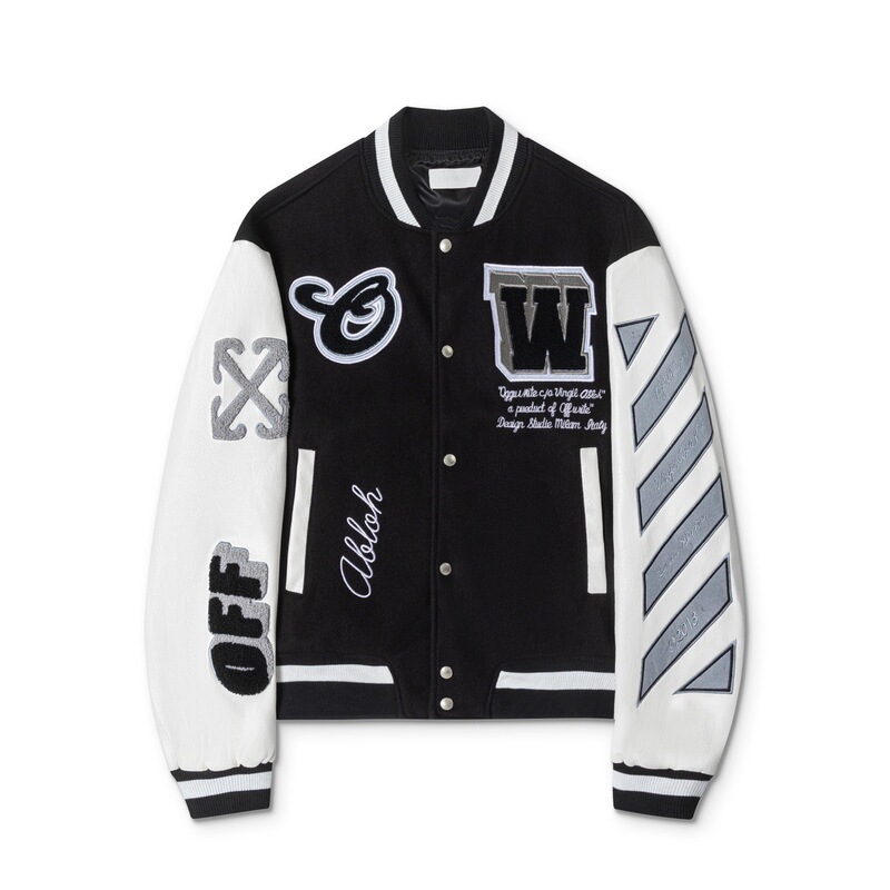 Cross-Border High-Quality Off White 2024 Autumn and Winter Heavy-Duty Embroidered Leather Patchwork Baseball Jacket Couple's Style in Stock