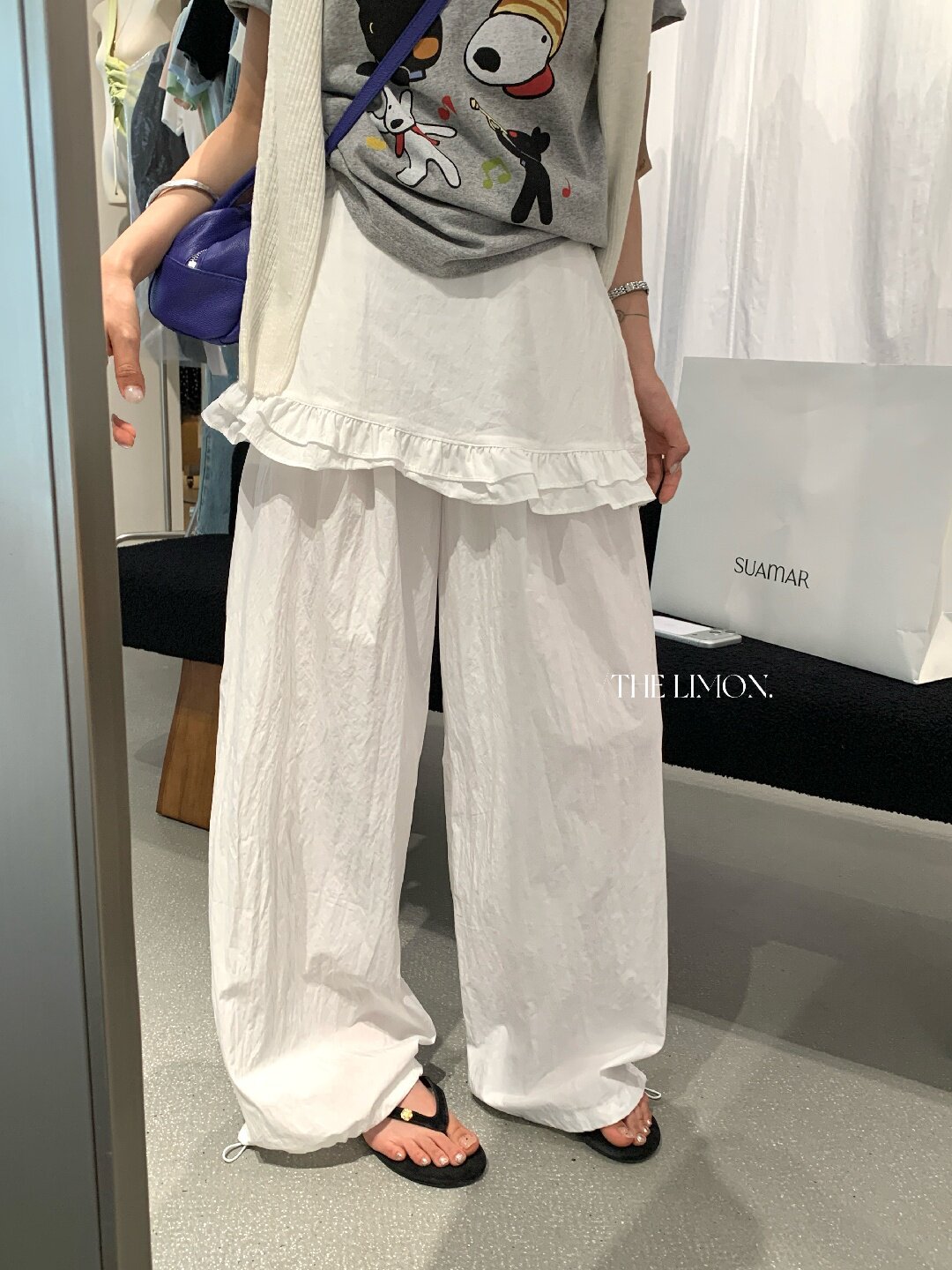 Quần culottes nữ ống rộng cạp cao, phối viền ren xếp tầng, dáng suông rộng, thanh lịch và thoải mái — màu đen, Xanh da trờicolor, màu trắng, Đá vôi chi tiết 5