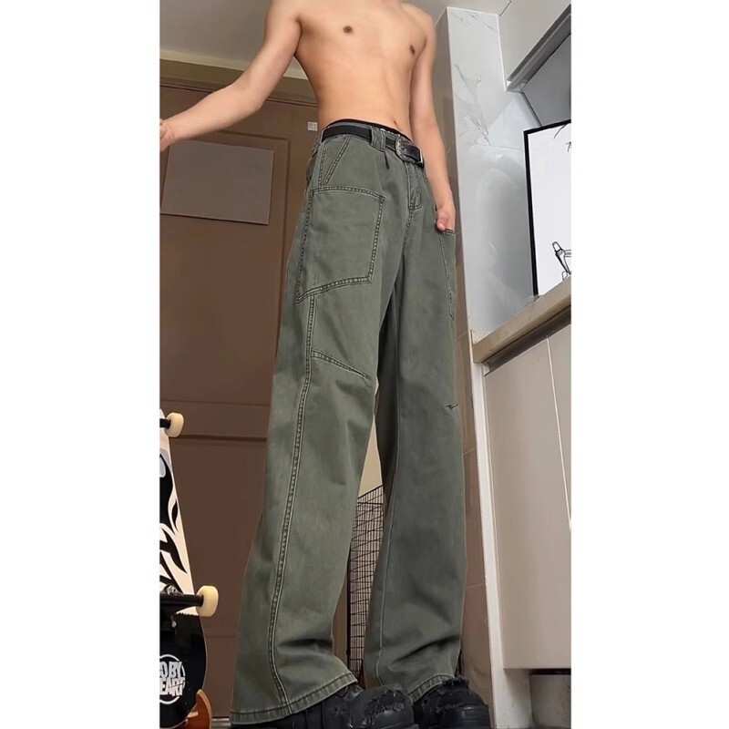 American-Style Cleanfit Cargo Pants for Men, Loose Slimming Scimitar Pants, Washed Heavy Vintage Logging Straight-Leg Trousers