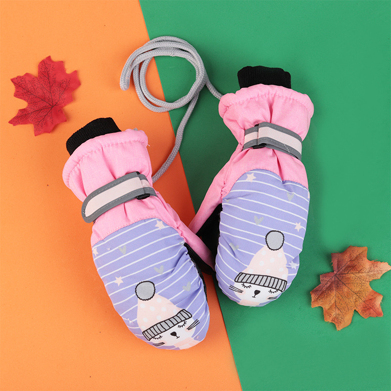 Nieve para niños forrada de lana engrosada impermeable antideslizante a prueba de viento de dibujos animados frío dedo paralelo dedo esquí bebé guantes de invierno