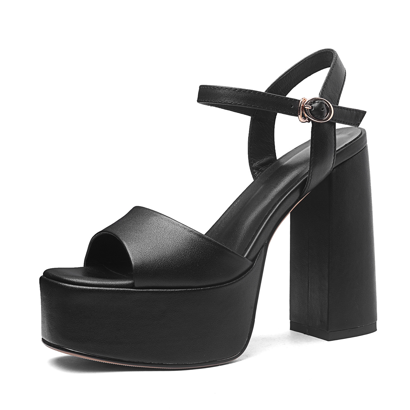 Sandal cao gót nữ hở mũi quai ngang khóa, đế dày gót thô 12 cm — Da bò trắng gạo chi tiết 17