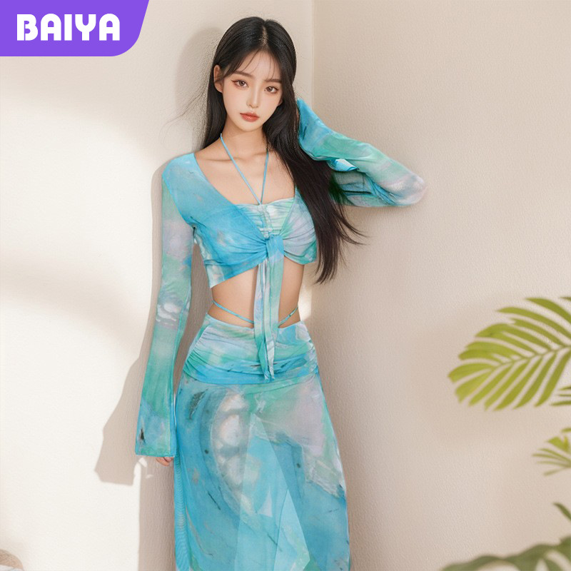 Nuevo traje de baño de cuatro piezas para mujer, bikini, niña pura, viento, carne, delgado, protector solar de manga larga, traje de baño de aguas termales al por mayor