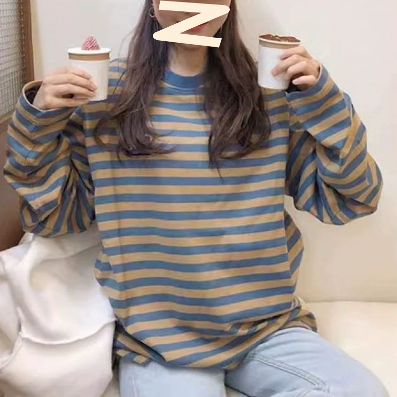 Весна и Осень 2024 новая винтажная полосатая футболка женская футболка с длинными рукавами нижняя рубашка свободная иностранная тонкая толстовка мода