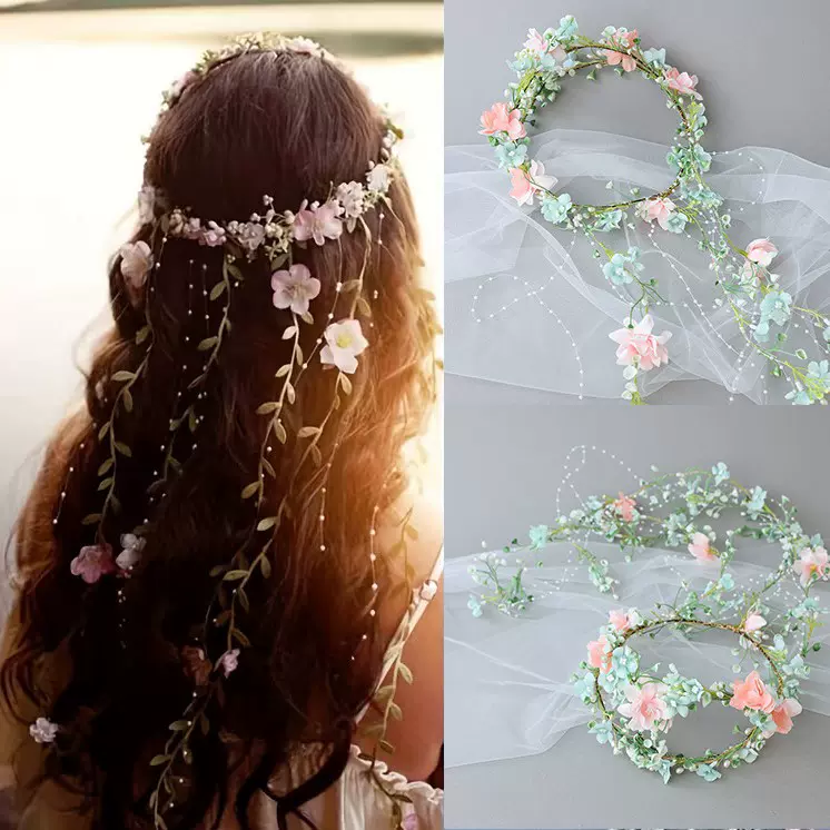 波西米亚风仿真花环头饰新娘婚礼长流苏头花出游度假派对装扮配饰
