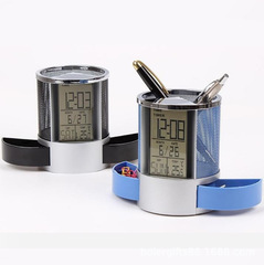 Creative and personalized multifunctional pen holder fashionable office supplies stainless iron mesh electronic pen holder perpetual calendar clock