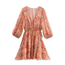 速卖通批发秋季新款女装花朵印花套头系扣V领灯笼袖短款连衣裙