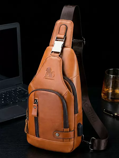 Steel Lion Men's Genuine Leather Chest Bag Casual Shoulder Crossbody Bag Large Capacity USB First Layer Cowhide Front Shoulder Bag
