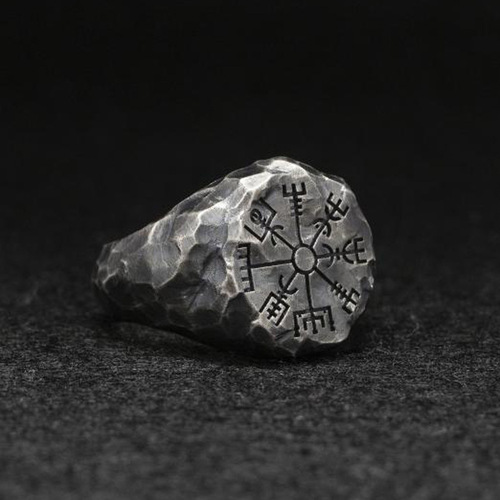 Chiba Nordic hand-engraved compass ring with men's personality and trendy retro Thai silver ring with adjustable opening