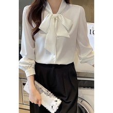 秋季新款白色长袖雪纺衫女垂感韩系飘带上衣温柔风气质外穿衬衫