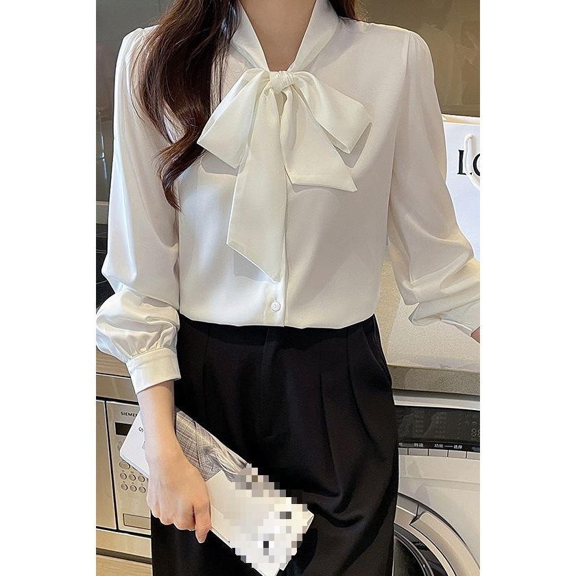 秋季新款白色长袖雪纺衫女垂感韩系飘带上衣温柔风气质外穿衬衫