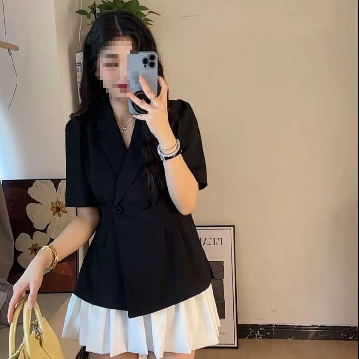 西装套装女套装裙两件套夏季一整短袖时尚西装百褶裙雪尼尔高级感