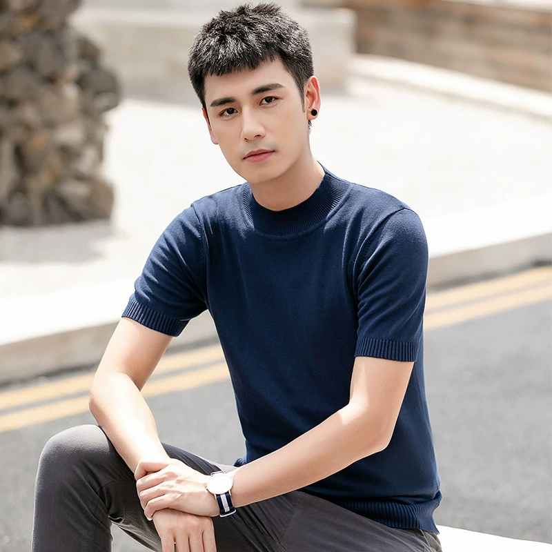 Весенне-осенний простой тонкий вязаный свитер с короткими рукавами и высоким воротом, мужской Молодежный модный однотонный пуловер в Корейском стиле, Базовая рубашка