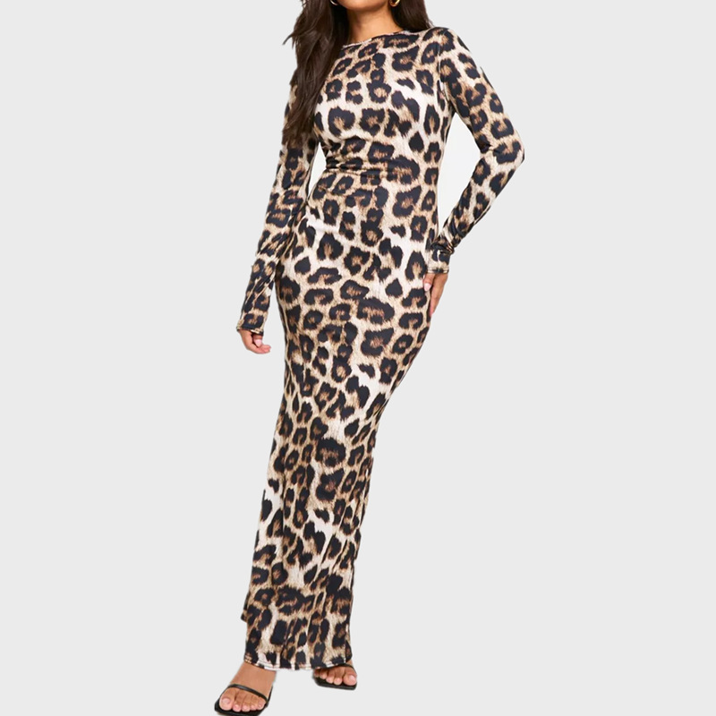 European and American personality trend leopard print round neck dress women's 2024 autumn new temperament waist long sleeve pullover dress