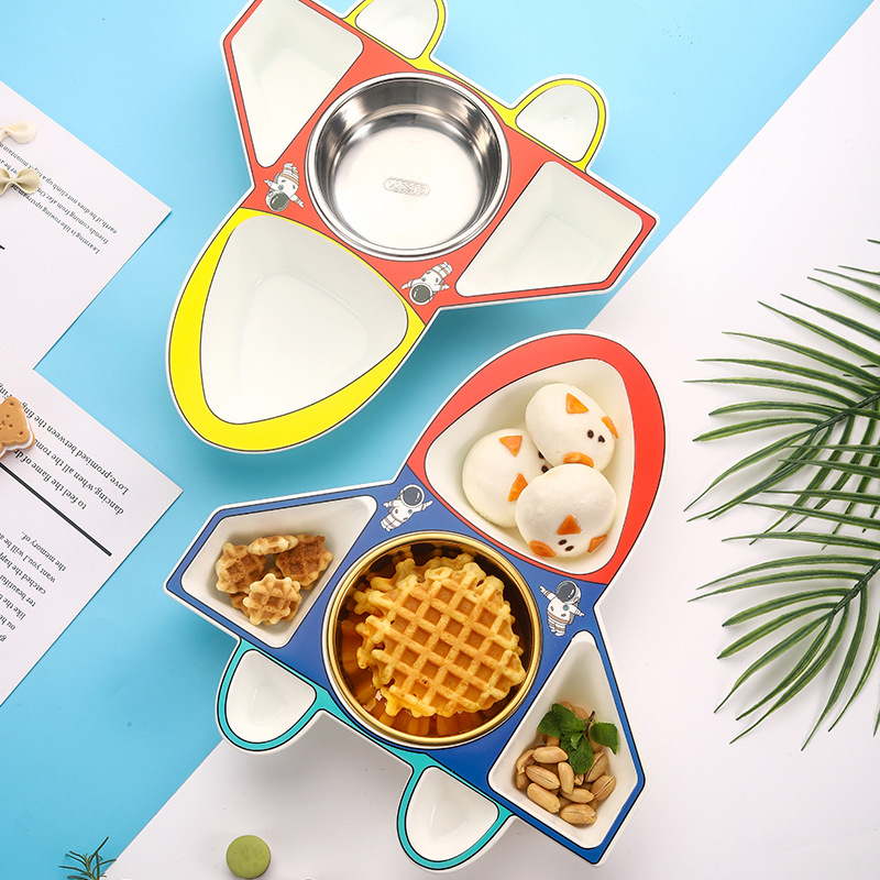 In-Stock Cartoon Airplane Children's Dinner Plate Baby Food Supplement 304 Stainless Steel Bowl Kindergarten Home Use Divided Tableware