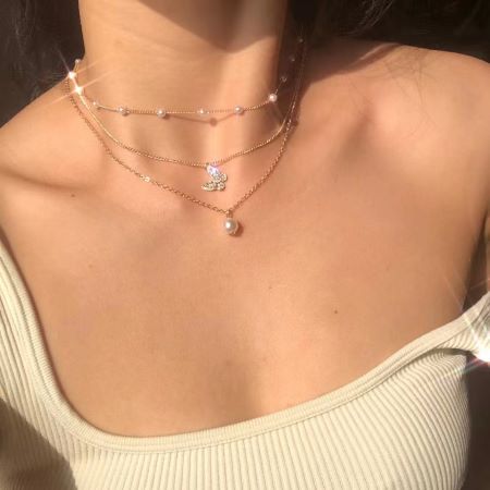 Imitation Pearl, Alloy Pendant Material Elegant Streetwear Butterfly Rhinestones Imitation Pearl Alloy Wholesale Three Layer Necklace