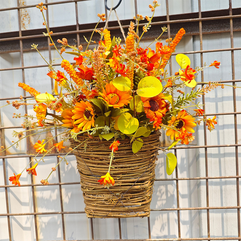 Autumn Flower Basket Thanksgiving Wreath Harvest Festival Door Basket Decoration Sunflower Maple Leaf Rice Ears Autumn Decorations