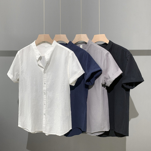 Men's Summer Linen Shirt, Thin, Plain Color, Large Size, Short Sleeve, Casual Stand Collar, Cotton Linen Shirt Outerwear