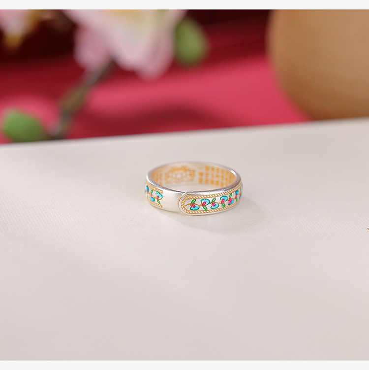 Nhẫn bạc S999.9 mạ vàng cổ men lá bạch quả hoa sen phong cách cổ điển có thể điều chỉnh kích cỡ — Mở có thể điều chỉnh chi tiết 5