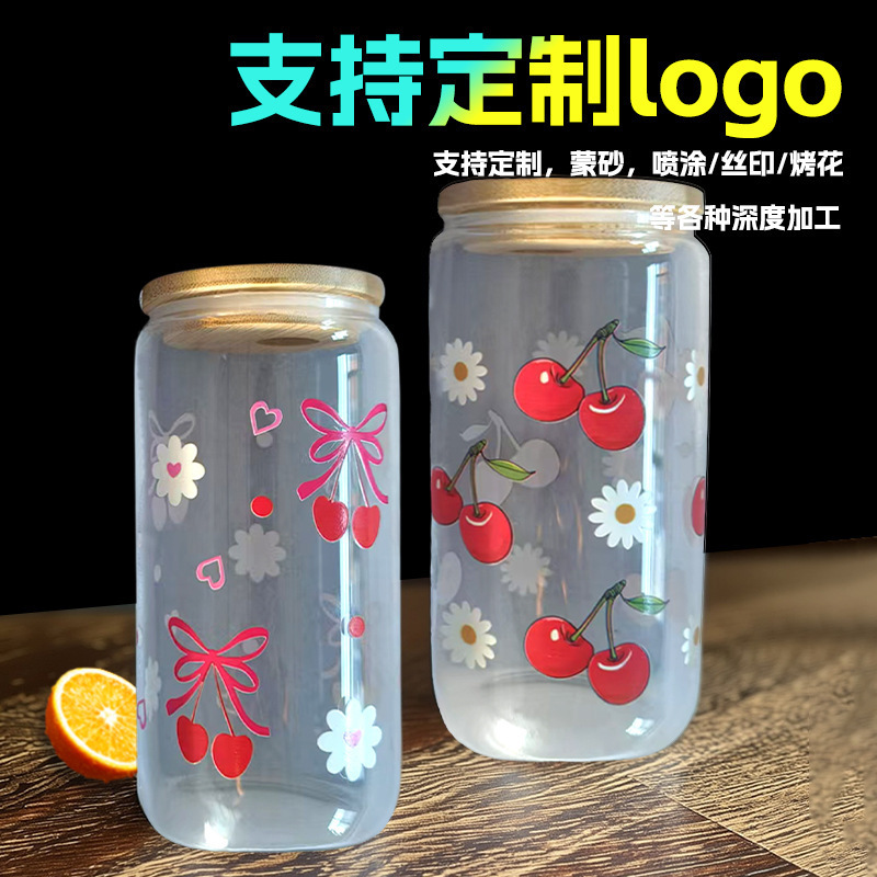 高颜值卡通图案可乐杯高硼硅玻璃饮料杯果汁杯蝴蝶印花双饮水杯|undefined