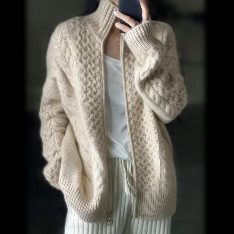 Pesado Otoño e Invierno Nueva cachemir cardigan de las mujeres 100 pura Cachemira cremallera solapa suéter punto flojo abrigo lana