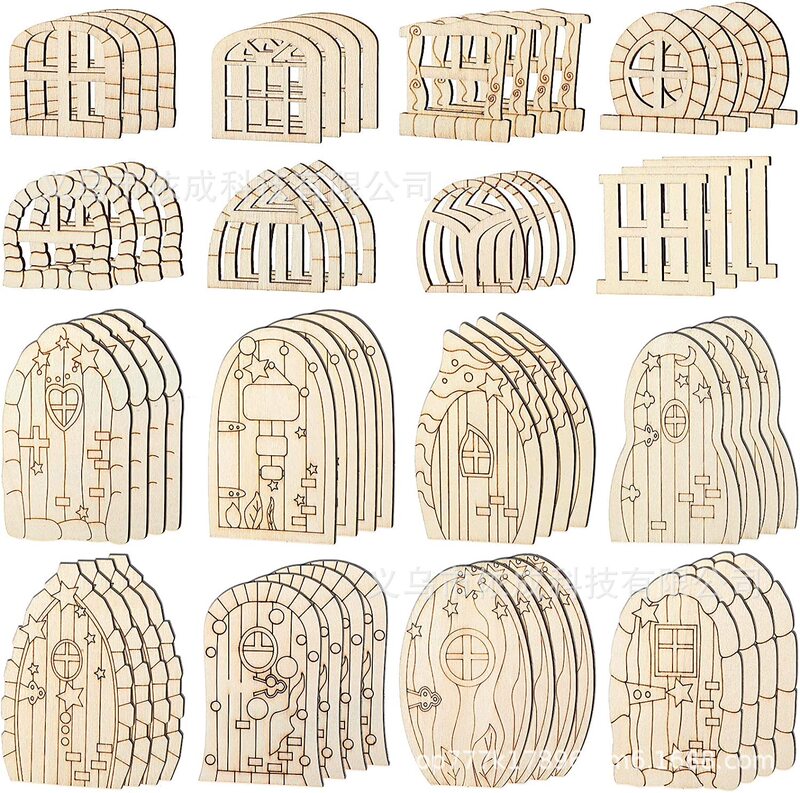 Cross-border new product 64 pieces fairy door mini wooden garden door unfinished DIY craft fairy house kit