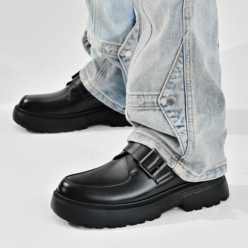 Zapatos de trabajo para hombres 2024 nuevos zapatos de cuero de estilo británico derby de cuero negro universal muffin zapatos de suela gruesa para hombres