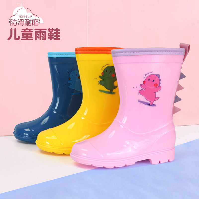 Children's Cute Dinosaur Cartoon Rain Boots, Warm Rain Boots, Korean Style Water Shoes for Boys and Girls, Non-Slip, Waterproof and Wear-Resistant Rubber Shoes