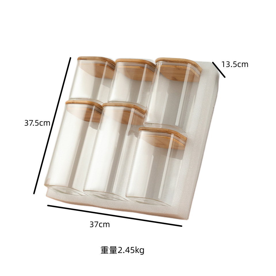 Tapa cuadrada de bambú Tarro de vidrio de 6 piezas Traje de algodón de perlas Caja de almacenamiento de frutas secas Botella de almacenamiento transparente de borosilicato al por mayor