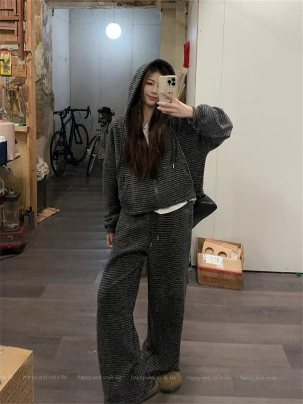 冬季新款韩版慵懒风条纹长袖连帽外套上衣+高腰显瘦阔腿裤套装女|undefined