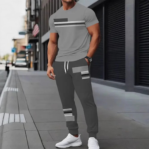 TEMU summer men's short-sleeve pantsuit casual fashion simple trend 3D print