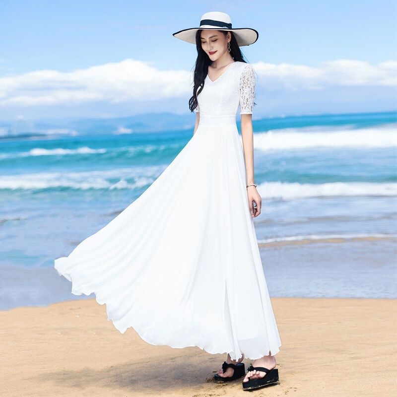 White Flowing Dress with Elegant Lace Chiffon, Long Waist-Cinching Design, Slimming Effect, Beach Vacation Dress, Long Dress for Women in Summer