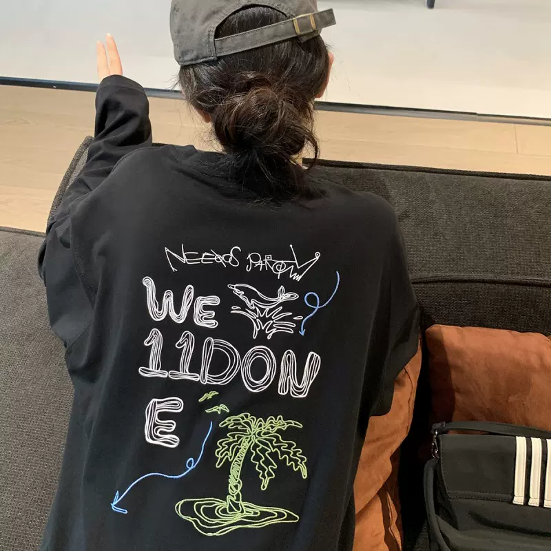 WE11小众新款E涂鸦立体印花长袖T恤情侣同款时尚宽松潮牌卫衣打底
