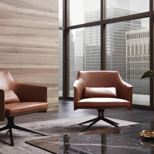 Foshan Factory Light Luxury Leather Sofa Chair for Hotel Lobby Rest and Negotiation Area, Italian Minimalist Leisure Single Chair