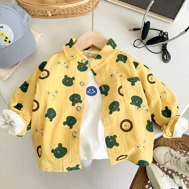 Kids' cotton shirt, spring/autumn 2026, boys' bear print shirt, breathable, sun-protective top, trendy and cool.