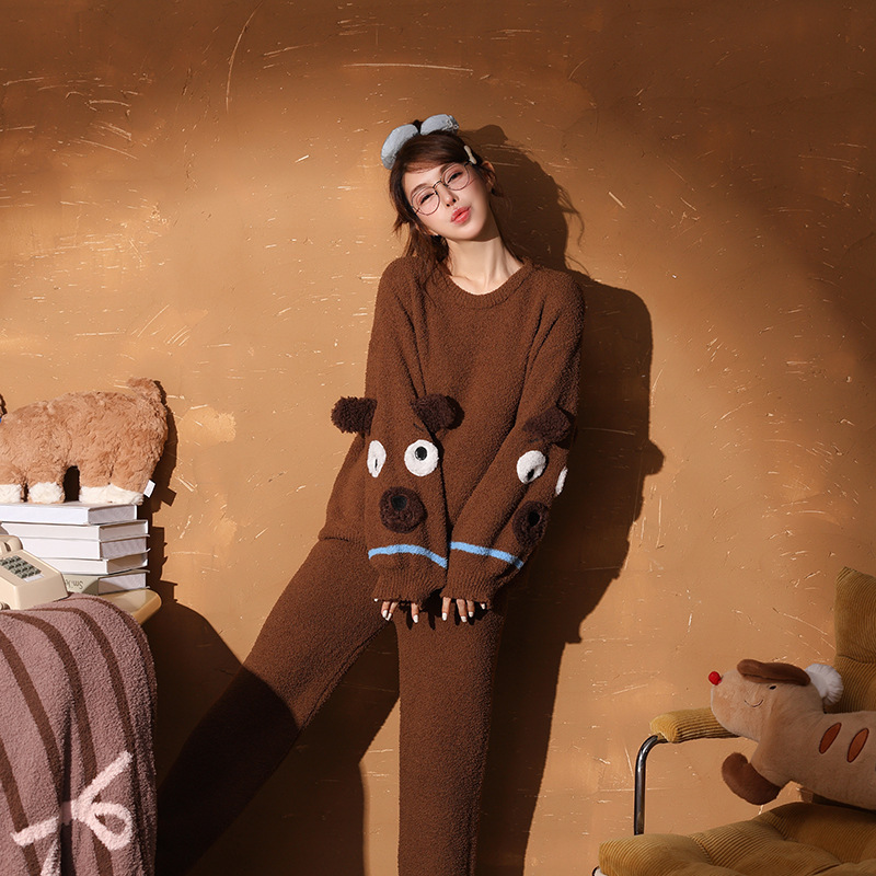New Japanese-Style Brown Solid Color Thickened Half-Velvet Pajamas for Women, Autumn and Winter, Simple, Comfortable, Warm, Can Be Worn Outside, Loungewear