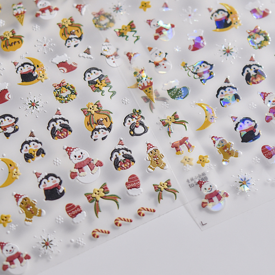 Tomoni en relieve pegatinas de uñas populares pegatinas de uñas vintage fábrica al por mayor japonés Navidad pingüino muñeco de nieve 3354