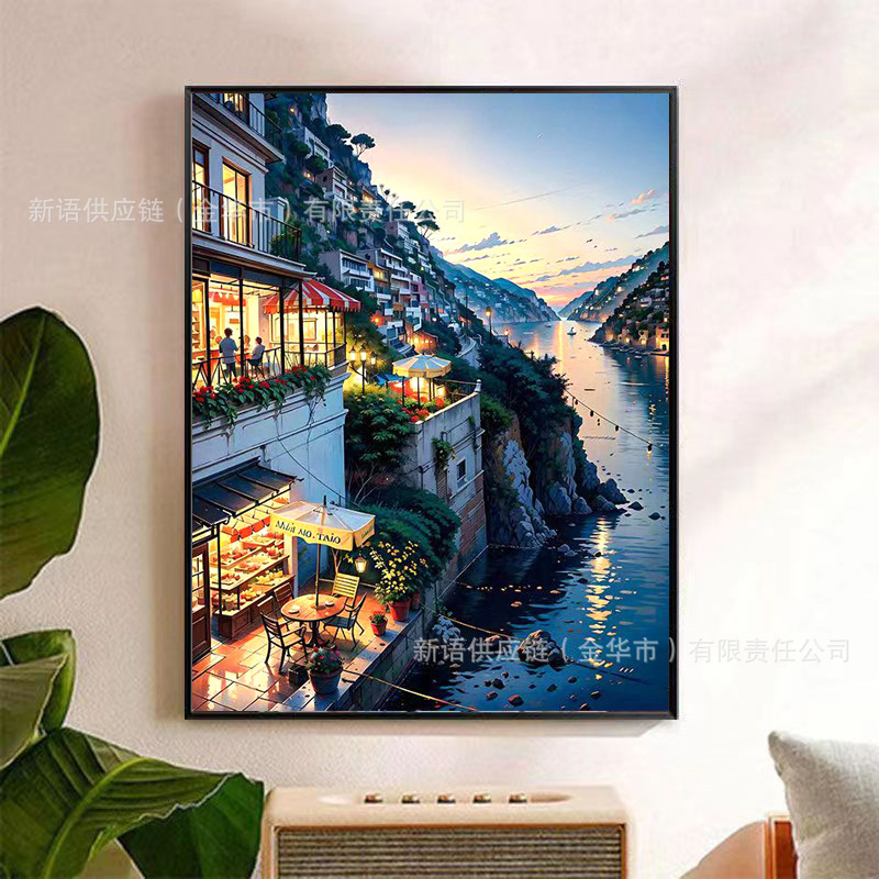 Pintura al óleo digital DIY al por mayor, paisaje costero, arquitectura, pintura decorativa para colgar en la sala de estar, pintura decorativa de villa costera, 30*40*5 image 12