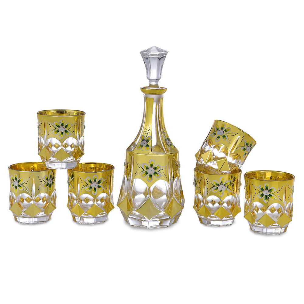 外贸出口水晶玻璃酒具 捷克真金珐琅花酒具 不规则白兰地酒具套装