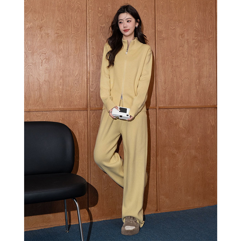 秋冬季新款高级感立领毛衣开衫女套装慵懒风休闲针织阔腿裤两件套