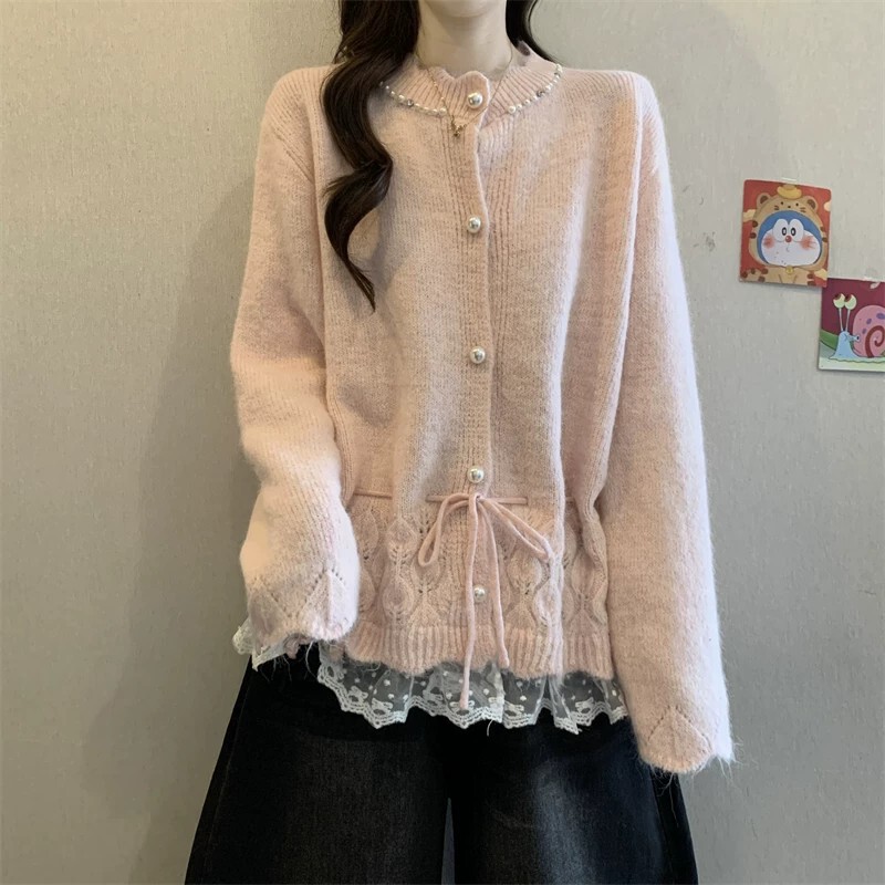 Off-White Lace Hem Long-Sleeve Knit Sweater 2026 Spring Collection High-End Pearl Sweater Short Coat for Petite Sizes Off-White Lace Hem Long-Sleeve Knit Sweater 2026 Spring Collection High-End Pearl Sweater Short Coat for Petite Sizes