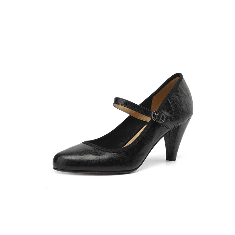 Giày cao gót nữ da cừu miệng nông gót dày Mary Jane 9 cm — Màu đen [9 cm]