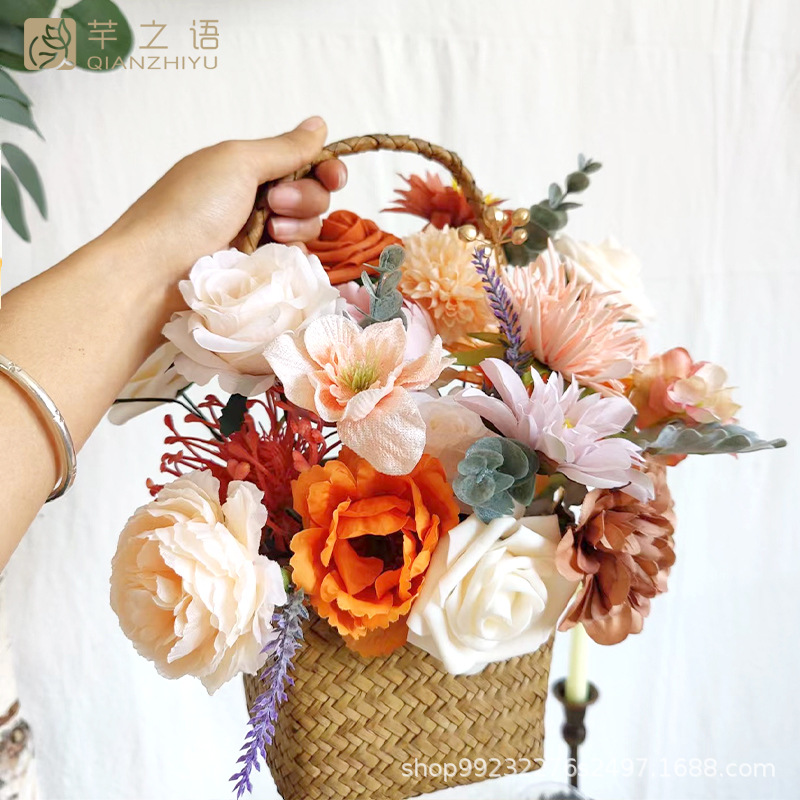 跨境熱銷手工制作仿真永生花絹花禮盒玫瑰花束婚禮DIY花籃手捧