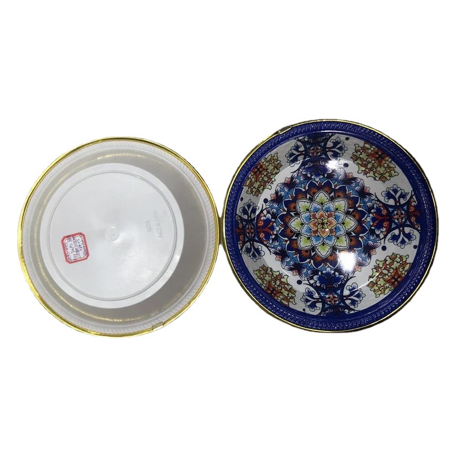 Plato de frutas redondo de papel con borde dorado, patrón de café