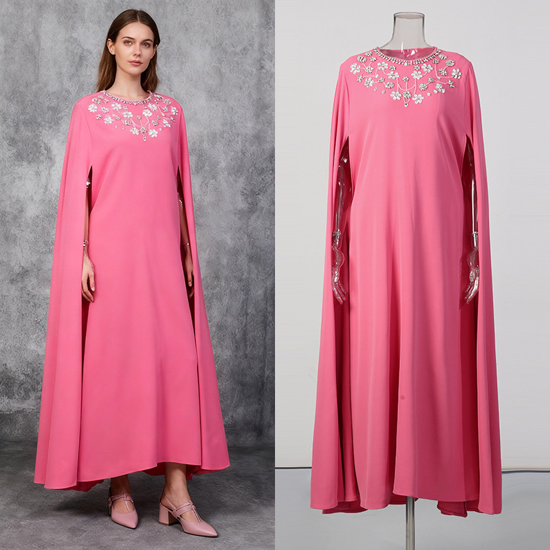​​Elegant French-Style Cape Dress With Rhinestone Details - Flowy Batwing Sleeve Maxi Dress For Women, Soft Pink Pure Color Stretch_ecoleips.com