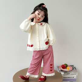 女童苹果长袖娃娃衫套装春秋款宝宝薄款衬衫儿童洋气秋装两件套潮