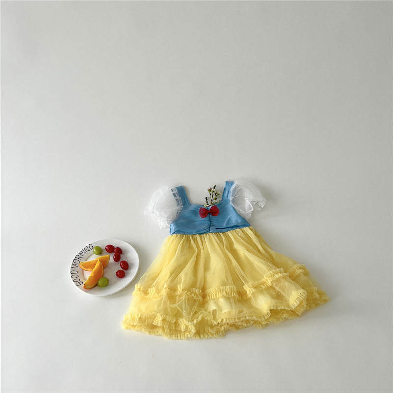 [Exempt de posta] niñas arco vestido de princesa para niños de manga corta empalmado vestido de verano niñas de verano nuevos productos