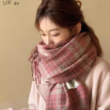 冬季围巾女2024新款高级感干枯玫瑰色丁香格子韩版百搭保暖围脖