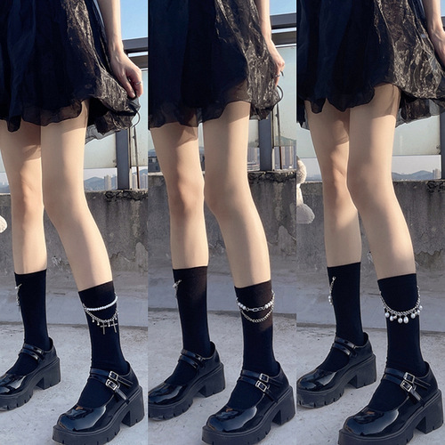 Personalized cool Japanese style dark punk style pearl chain cross JK socks combed cotton half calf socks mid-tube