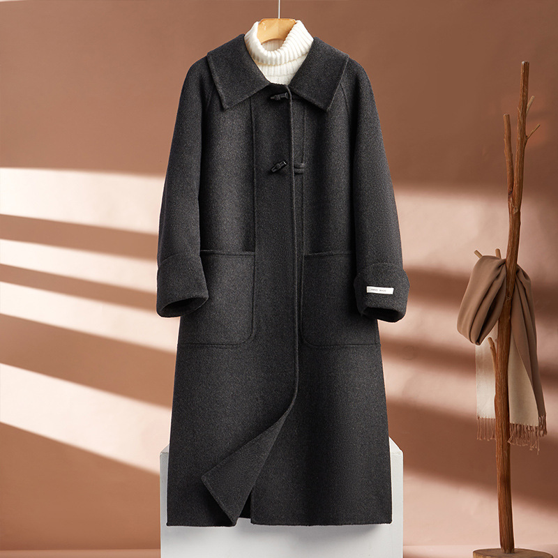 2025 Autumn/Winter New Hand-Stitched Kunshan Double-Sided Cashmere Coat for Women, Long Casual Loose Straight Double-Sided Wool Coat